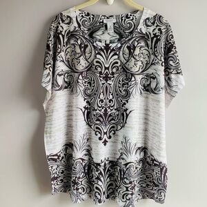 Chico's Knit Top Tee Short Sleeve Symmetrical Paisley Brown Tan XL